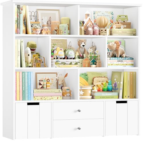 FOREHILL Libreria Montessoriana per Bambini, Scaffale Portagiochi Bambini a 7 Scomparti Aperti, 2 Cassetti con Ruote Girevoli a 360°, 2 Cassetti Estraibili, 125x33x120cm (Bianco)
