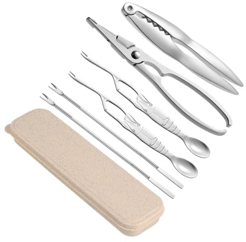 POPETPOP Ensemble d'Outils pour Fruits de Mer 6 Pièces Acier Inoxydable Pinces à Crabe et Homard Fourchettes à Huîtres Casse-Noix avec Étui de Rangement Accessoires la Cuisine pour Crustacés