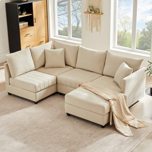 DUlVBPE Modern hörnsoffa med vertikala ränder, modulär soffa, 5-sitsig soffa, med konverterbar fotpall, L-formad soffa, U-formad soffa, lämplig för vardagsrum, lägenhet etc.