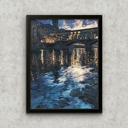 Quadro Dipinto Olio su Tela di Firenze (Toscana) Duomo Ponte Vecchio Incorniciato 22x30, Decorazione da Parete, Vintage Moderno Minimal, con Cornice, Disegno Acquarello, per Casa, Idea Regalo [OL002]
