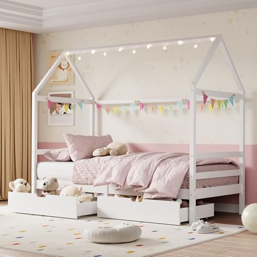 Aptliton Wooden Toddler House Bed Frame for Kids, Kids Single Bed with 2 Storage Drawers and Roof, Solid Pine Wood Playhouse Bed for Boys Girls Childrens Bedroom Furniture, White, 90x190cm