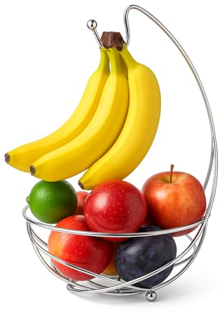 BNYD Chrome Fruit Bowl with Banana Holder – 14 Countertop Wire Basket with Banana Hook, Modern Fruit Basket with Banana Tree Hanger for Kitchen Table or Island Storage