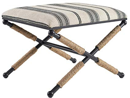 Linon Farrow Black Metal and Natural and Black Stripe Upholstered Campaign Ottoman