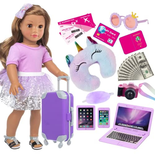 ZNTWEI American 18 Inch Doll Travel Suitcase Play Set with 18 Inch Doll Clothes and Accessories Including Sunglasses Camera Computer Phone Ipad Travel Pillow ect