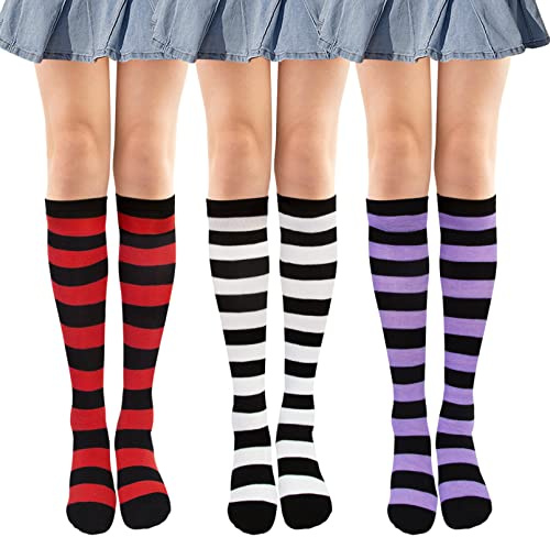 3 Paia Calze da Donna Sopra il Ginocchio Calzini da Ginocchio a Righe, Calzini Lunghi Calzettoni Cotone di Coscia Calze Stivali per Ragazze Donna Taglia unica Rosso Porpora Nero
