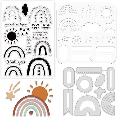ORIGACH Regenbogen Wolken Stempel und Schablonen für die Kartenherstellung,Regentropfen Metall Stanzformen Silikon Stempel und PET Schablonen Sets für DIY Scrapbooking Prägung Albumdekoration