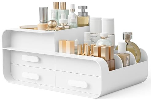 BTGGG Makeup Organiser Cosmetics Skincare Storage with Drawers Beauty Organiser for Vanity Jewelry Organizer Multifuctional Make Up Storage Box for Dressing Table Bedroom Bathroom, White