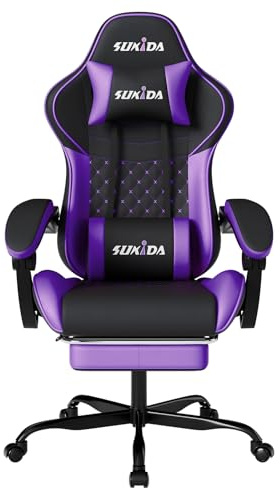 SUKIDA Gaming Stuhl, Ergonomischer Gaming-Stuhl mit Fußstütze, Racing Gamer Chair 90-135° Rückenlehne einstellbar, Computerstuhl Höhenverstellbar Lendenwirbelstütze, Blackpurple