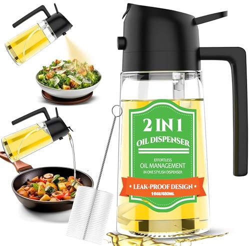 Hapoyxm 470ml Ölsprüher zum Kochen, 2-in-1 Olivenölspender und Öl Sprühflasche, Ölspray mit Pinsel, Sprühflasche aus dickem Glas, Ölsprüher für Heißluftfritteuse, Salat, Grillen, Backen, Schwarz