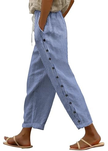 Pantalones de ocio para mujer con botones laterales, pantalones a rayas, cintura alta, pantalones de goma con bolsillos, forma de H, pantalones de lino de algodón, ligeros y transpirables, informales,