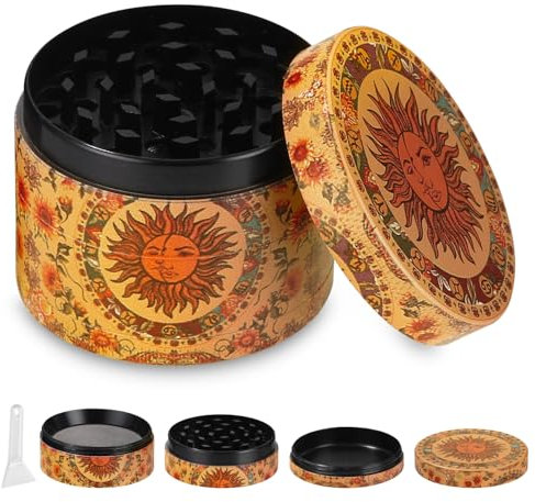 Grinder Metall 4 teilig Grinder Pollen Crusher Kräutermühle Gewürze Premium Aluminium für Gewürze Pollen Vanille Mahlwerk, Vintage Sun Design 5cm