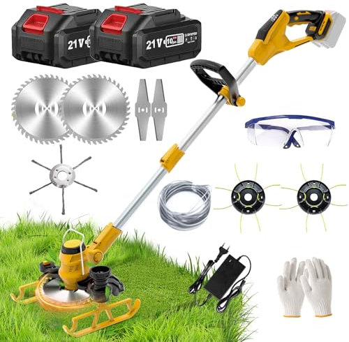 Rasentrimmer mit Akku 21V 4.0Ah x2 Akku Rasentrimmer mit Unkrautbürste, Freischneider Akku 4 in 1 Rasenkantenschneider Akku (Trimmrad, Teleslopstiel, Sägeblätter, Metallmesser, Mähfaden)