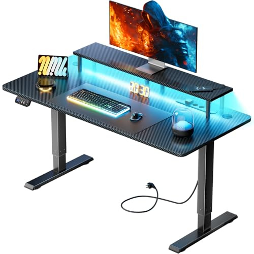HLONONE Höhenverstellbarer Schreibtisch mit LED, 140 x 60 cm Gaming Tisch Höhenverstellbar mit 3 Steckdosen & 2 USB, Elektrischer Schreibtisch mit Monitorständer & Funktions-Memory, Schwarz