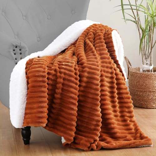 Linecooo Burnt Orange Sherpa Fleece Throw Blanket 50”×60” for Couch Sofa Bed,Double Side Soft Fuzzy Cozy Plush Thick Flannel Blanket with Striped Design Gift for Mother Woman