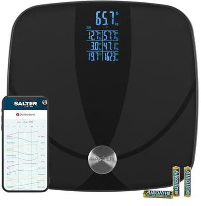 Salter Digital Analyser Scale – Smart Bathroom Scale, Large Multi-Reading Display, 180 kg/395lbs, 17 Body Composition Metrics, 8 Users, Body Weight, Fat, Water, Muscle Mass, Bone Mass, BMI, BMR, Black