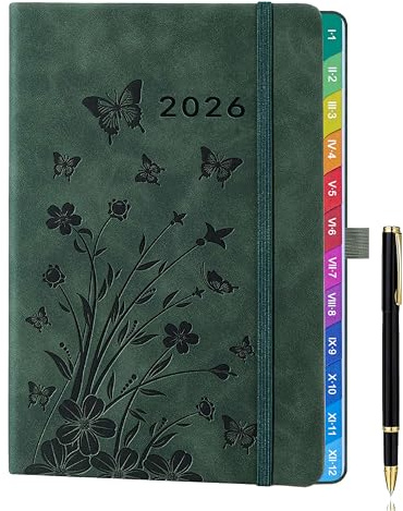 Agenda 2026 A5 semana vista (enero–diciembre) – Diseño floral verde salvia, pestañas mensuales a color, soporte para bolígrafo, lazo elástico y bolsillo interior