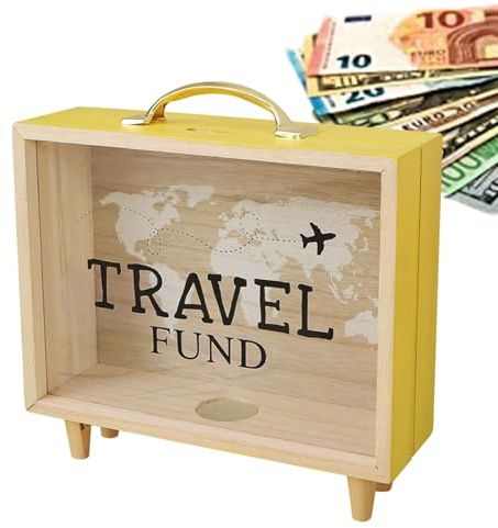 Caja de viaje para recuerdos: marco de madera con sienes, mapa del mundo y decoraciones de mesa de avión, caja de dinero para guardar billetes, monedas, fotos, recuerdos