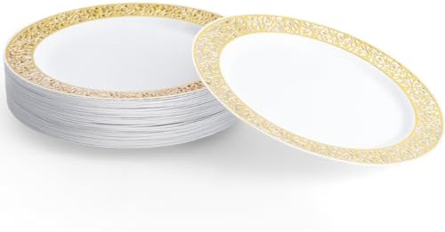 MATANA 80 Premium White Plastic Dinner Plates with Gold Lace Rim, 26cm / 10 Inch - Elegant & Reusable Party Plates for Weddings, Birthdays, Picnic, BBQ, Parties