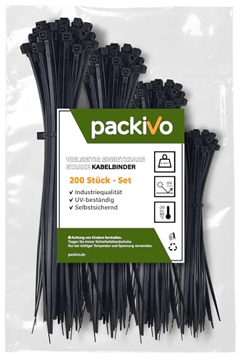 200 Stück Kabelbinder Schwarz Set -100/150/200/300 mm - jeweils 50 Stück, Sortiment Nylon Verschiedene Größen Super Haltbar Kabelbinder für Kabelmanagement,Gartenarbeit,Wohnen,Werkstätten, Auto