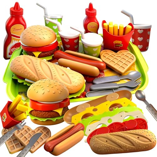Play Food Sets,Removable Hamburger Hot dog Fast Play Food Sets for Children Kitchen, Kids Kitchen Accessories for 3-5 Years Old Boys and Girls