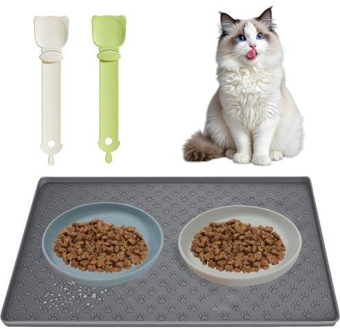 Lot de 2 gamelles pour Chat en Silicone avec Tapis antidérapant, Bols pour croquettes, pâtée et Eau, avec 2 Cuillère à Presser pour Chat, Convient aux Chats, Chiens et Lapins
