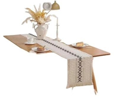 XUCZHAI Camino de Mesa for decoración del hogar, Camino de Mesa de Granja Tejido Beige y marrón con borlas for decoración de Comedor y Dormitorio(Beige,30 * 220cm)