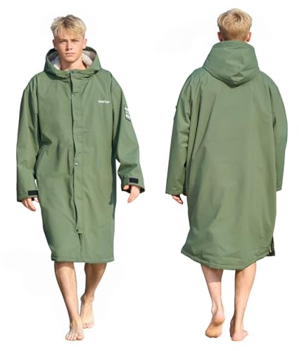 Owntop Waterproof Swim Parka for Kids Youths and Adults - Unisex Hooded Surf Poncho, Oversized High-Low Hem Windproof Changing Robe, Sherpa Winter Warm Beach Towel Jacket with Pockets Green M
