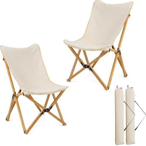 KOMFOTTEU 2er Set Liegestuhl, Gartenstuhl mit Seitentasche, Klappstuhl aus Bambus, Faltstuhl mit Tragetasche, Strandstuhl bis 150 kg, ür Camping, Angeln (Beige)