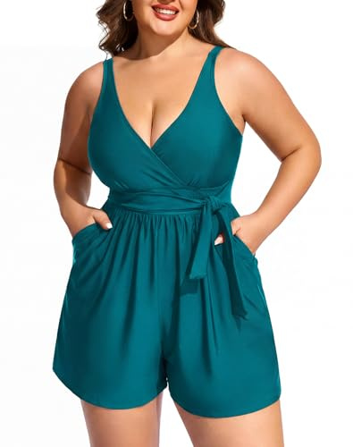 Smismivo Swim Rompers One Piece Plus Size Swimsuit Women Swim Dress Tummy Control Modest Bathing Suit with Pockets and Shorts Full Coverage Swimwear Shapewear Maternity Tankini 2026 Malachite Green