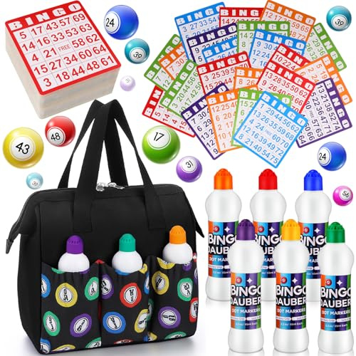Crtiin 107 Pack Bingo Bag Bingo Game Cards and Dot Daubers Set Mixed Colors Dot Markers Handle and Zipper Tote Bag with Calling Card Suitable for Parties, Family Gathering Activity, Game Night