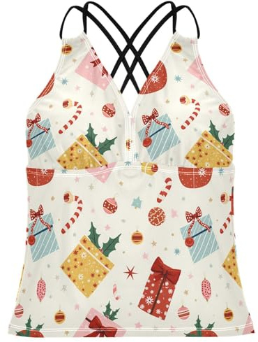 Parte superior tankini para mujer, de secado rápido, control de abdomen, talla XS, Patrón de regalo rojo de Navidad, S