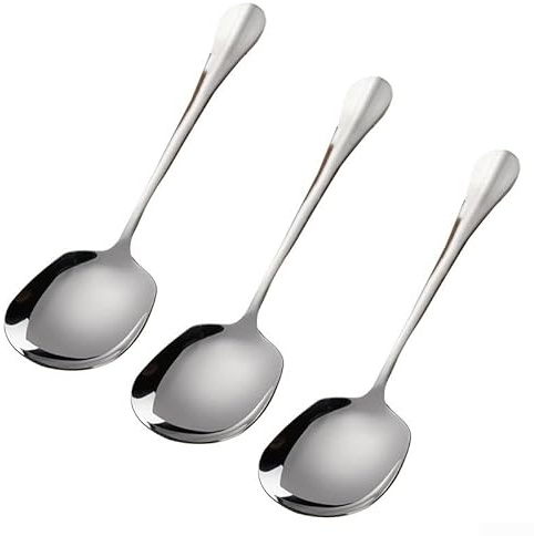 Cuchara grande de acero inoxidable con mango ergonómico, adecuada para arroz, ensalada, pasta y varios usos en la cocina