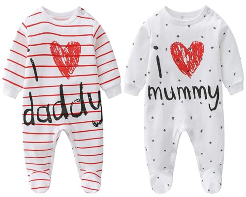 aomomo Baby Schlafstrampler 2er-Set mit Füßchen, Langarm, 100% Baumwolle, Druckknöpfe für schnelles Windelwechseln, Motive „I Love Mummy“ & „I Love Daddy“, Unisex für Jungen & Mädchen