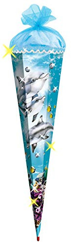 3-D Paillettenborte + Glitzer Effekt ! Schultüte - Delfin - Fische & Unterwasser - 85 cm - eckig - Organza Abschluß - Zuckertüte - mit Holzspitze - Roth..