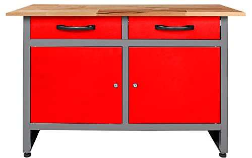 Ondis24 Montagewerkbank Werkstatteinrichtung Werkbank 120cm Werktisch rot mit 2 kugelgelagerten Schubladen & 2 abschließbaren Türen