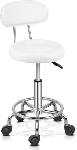 Bonnlo Adjustable Rolling Hydraulic Salon Chair Stool with Backrest,360-Degree Rolling Wheel,for Therapist Beauty Spa Hairdressing Massage Manicure Tattoo, White