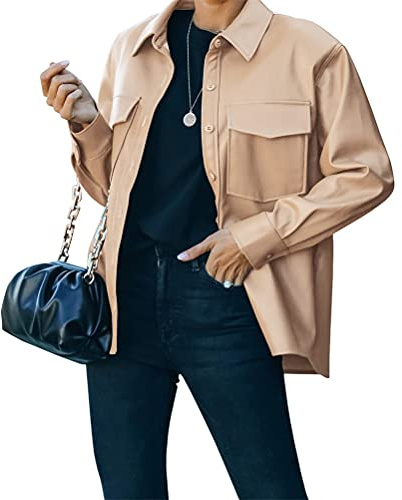 ORANDESIGNE Blusa de Piel Sintética con Botones Camisa de Manga Larga para Mujer Cuello Vuelto Color Liso Chaquetas de Cuero Sintético Vintage A Caqui M