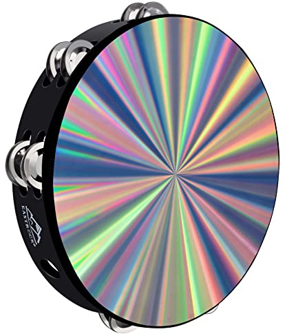 EASTROCK Radiant Tambourine Hand Held Drum 10 Inch Double Row Jingles Reflective Tambourine Musical Instrument for Kids Adults Church KTV Party