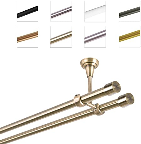 MDEKOR Gardinenstange 600 cm 2-läufig | Vorhangstange für die Deckenmontage Antik Gold aus Metall | Gardinenstangenset Ø 19mm