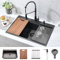 Bokaiya Spülbecken Edelstahl Schwarz, Spüle küche Edelstahl,Einbauspüle Edelstahl Workstation,Arbeitsplatte Küchenspüle 1 Becken mit Schneidebrett Seifenspender Ablaufvorhang Sieb und Stopper 76x46cm