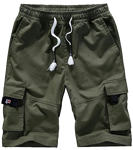 Jamron Uomo Taglie Forti Pantaloncini Bermuda Cargo a Vita Elastica con 8 Tasche Estivi Pantaloncini Casual in Cotone Verde Militare 5XL