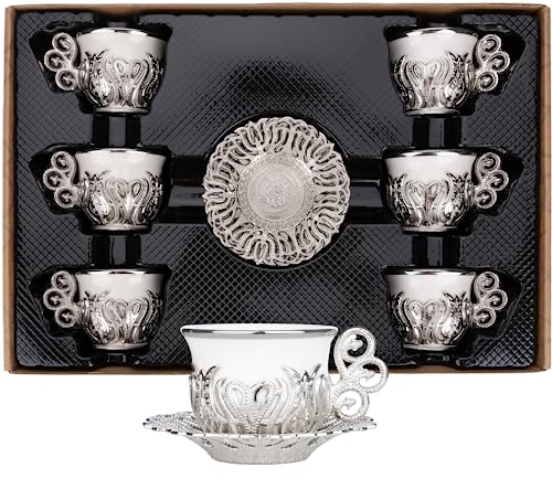 Alisveristime turkiska kaffekoppsset, vitt porslin och zinkmetall med turkiska motiv, 6 koppar och fat (silver)