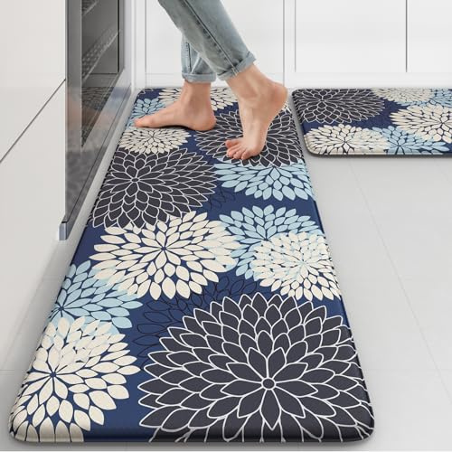 Anti Fatigue Kitchen Mats 2PCS,Boho Dahlia Kitchen Rugs Non Slip Rubber Backing,Farmhouse Waterproof Kitchen Mat for Floor,Cushioned Standing Mat for Kitchen,Sink,Desk,Mutil-Blue