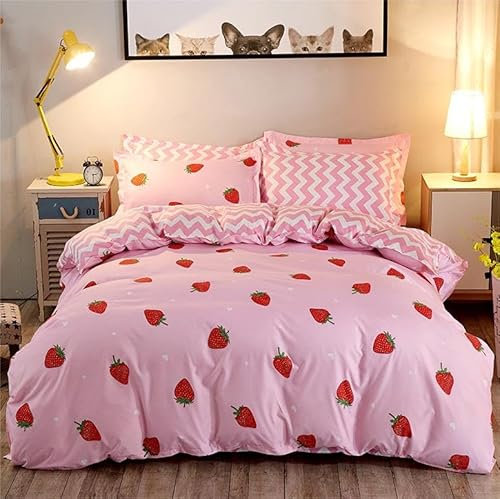 Freyamy Kinderbettwäsche 100x135cm 2teilig Rosa Rot Cartoon Erdbeere Kinder Wendebettwäsche Gebürstet Microfaser Weiche Mädchen Bettwaren-Sets Bettbezug mit Reißverschluss und Kissenbezug 40x60cm