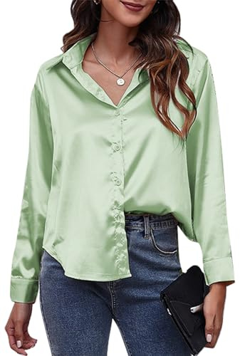 Maeau - Blusas Satén Mujer Camisa de Manga Larga Camisa Casual Elegante de Negocios Top Suelto con Botones Color Puro - Verde - L