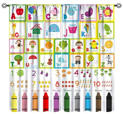 JanJCurt Alphabet ABC Curtains, Cartoon Animal Fruit Curtain Kids Educational Learning Alphabet Tool Window Treatments for Boys Girls Bedroom Living Room Classroom, 42x45in （No Blackout）