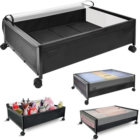 SPECILITE Under Bed Storage On Wheels, 4 Pack Rolling Underbed Metal Containers Box, PVC Window, Sofa Drawers for Clothes Shoes Toys Blankets