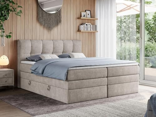 MKS MEBLE King Boxspringbett 180x200 Mit Bettkasten, Polsterbett Mit Multipocket-Matratze H3, Kopfteil und Topper - Beige Struktur - Alvin