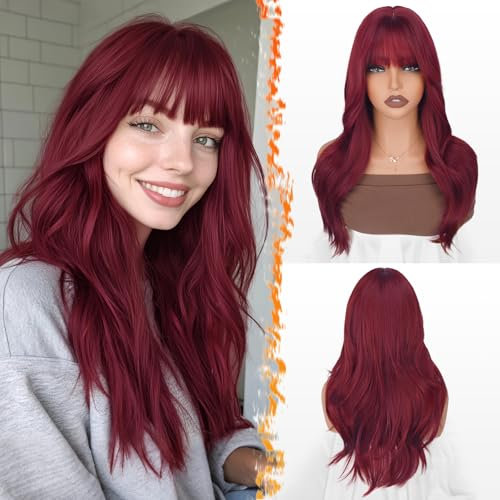BARSDAR Layered Perruque Bourgogne Rouge avec Frange, 50cm Layered Perruque avec Franges pour Femmes D'aspect Naturelle Ondulés Synthétiques Cheveux Perruques Légère Wear Cosplay Utilisation la Fête