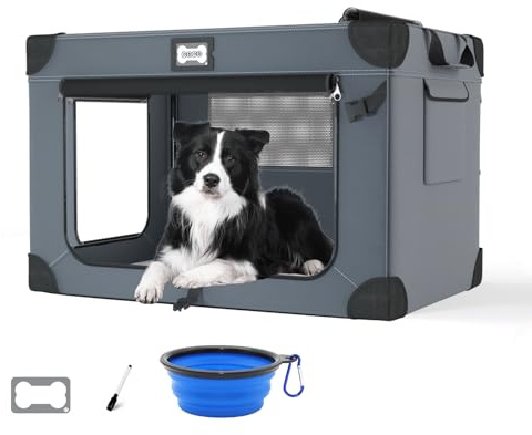QUIBBLICK 36 Inch Soft Dog Crates, Portable Travel Crate for Large Dogs, 3-Door Foldable Soft Kennel with Mesh Windows for Indoor & Outdoor Travel, with Blanket and a Foldable Bowl